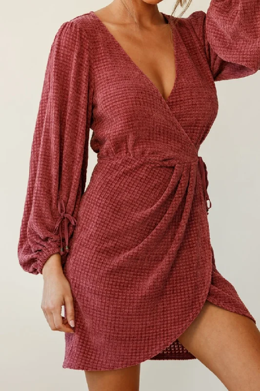 Make Way Balloon Sleeve Wrap Dress Plum