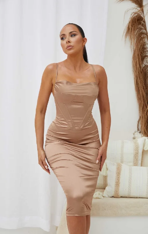 Mocha Satin Corset Style Strappy Bodycon Midi Dress - Safiyya