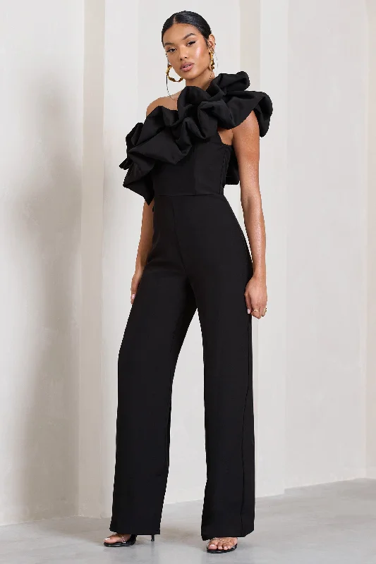 Monica | Black Asymmetric Ruffled Wide-Leg Jumpsuit