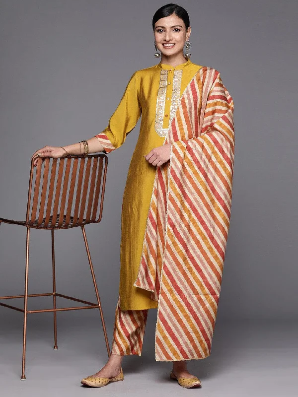 Mustard Embroidered Silk Blend Straight Suit Set With Trousers