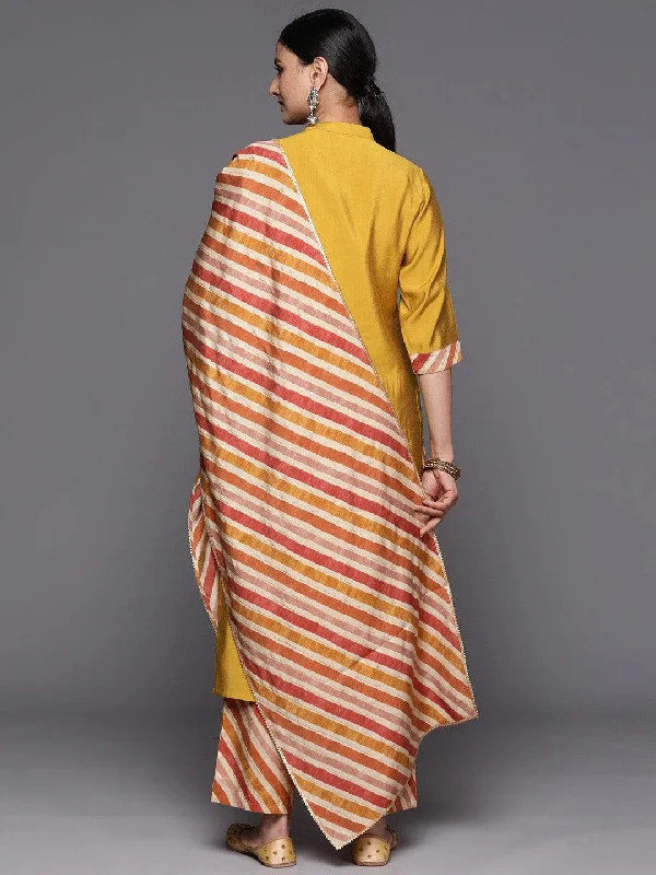 Mustard Embroidered Silk Blend Straight Suit Set With Trousers