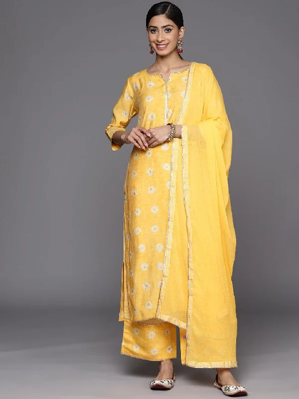 Mustard Printed Silk Blend Straight Suit Set With Palazzos