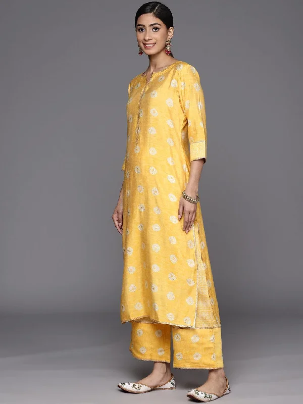 Mustard Printed Silk Blend Straight Suit Set With Palazzos