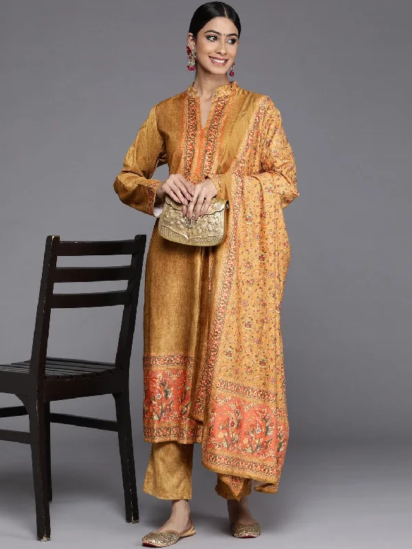 Mustard Printed Velvet Straight Kurta With Dupatta