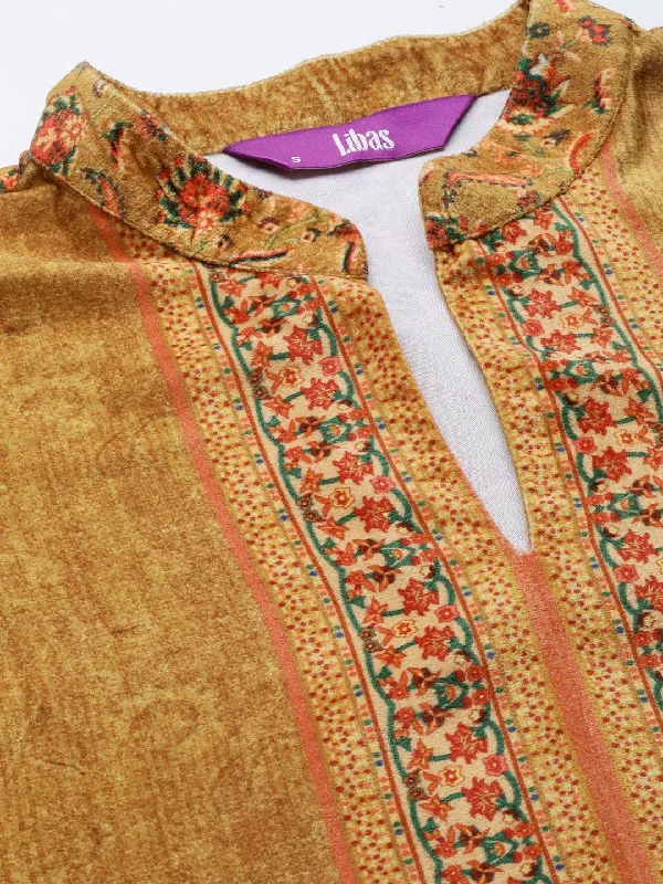 Mustard Printed Velvet Straight Kurta With Dupatta