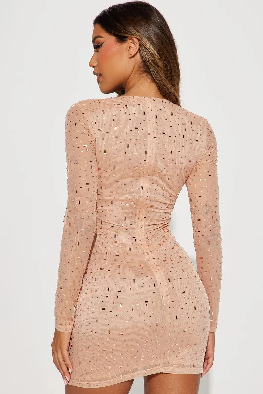 Natalia Rhinestone Mesh Mini Dress - Nude