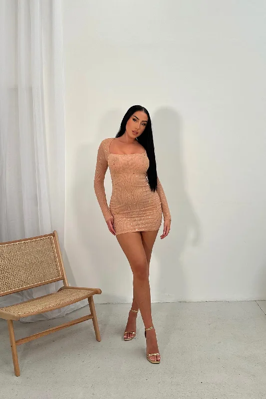 Natalia Rhinestone Mesh Mini Dress - Nude