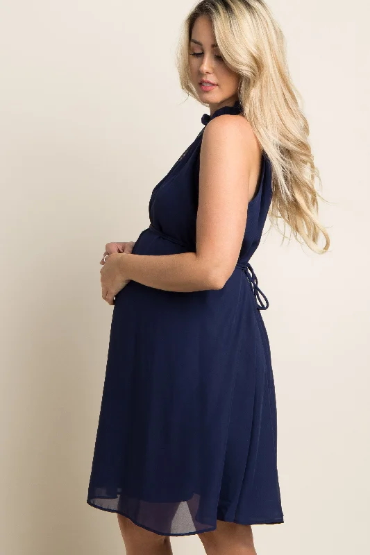 Navy Blue Chiffon High Neck Maternity Dress