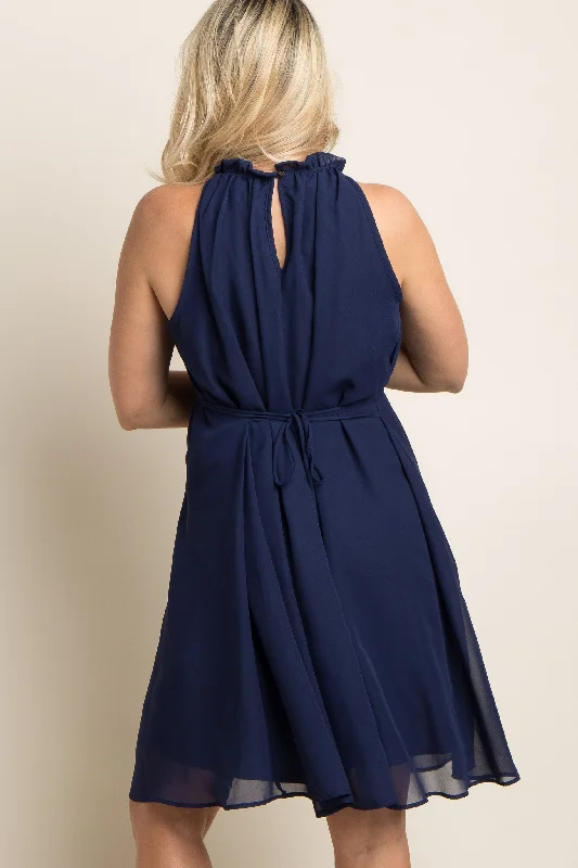 Navy Blue Chiffon High Neck Maternity Dress