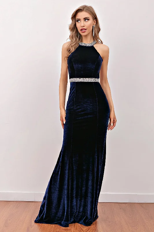 Navy Mermaid Velvet Long Prom Dress