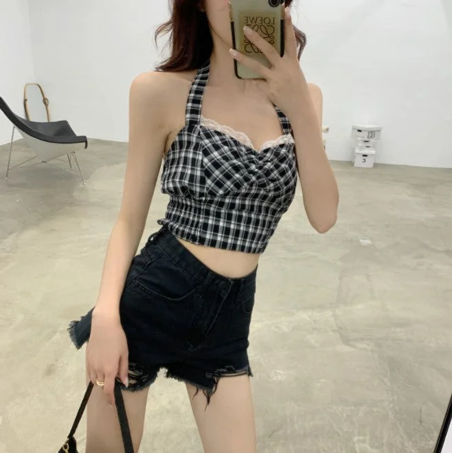 Flytonn-Korean style, Casual fashion, INS dressing, Lazy style, Graduation gift 
NO. 1388 PLAID HALTER TOP