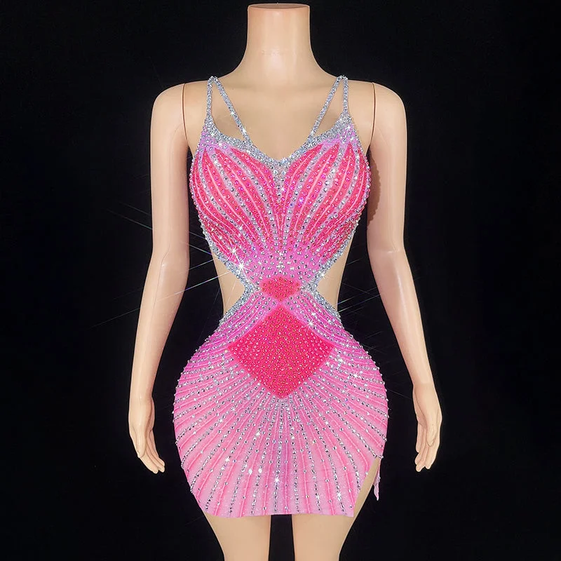 NOVANCE summer clothes for women suspender pink diamonds stretchy mesh sexy mini dress evening dresses for prom party ball room