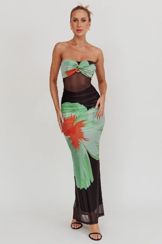 Oliana Sheer Waist Floral Maxi Dress Black