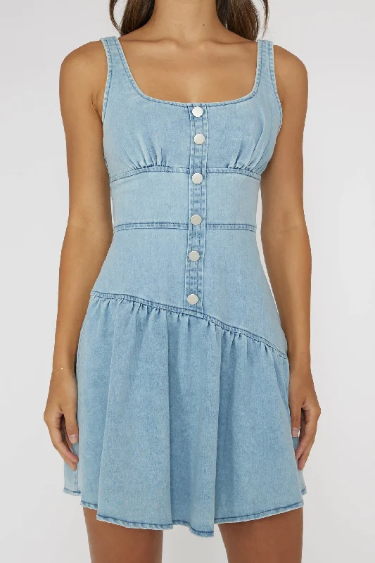 Pansy Flounce Hem Mini Dress Light Denim