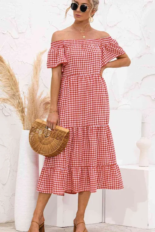 Plaid Off-Shoulder Tiered Midi Dress