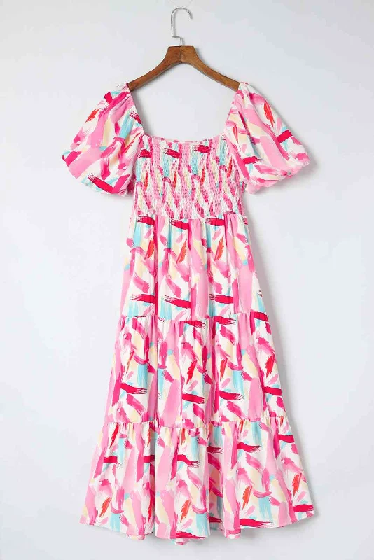 Printed Square Neck Tied Smocked Dress