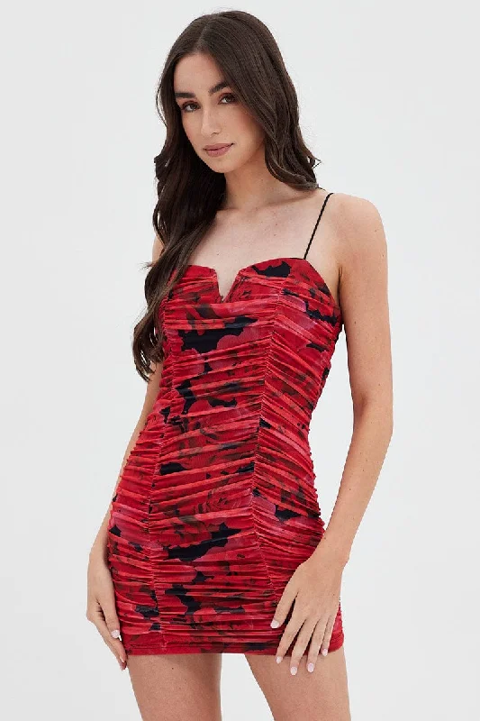 Red Abstract Ruched Mini Dress