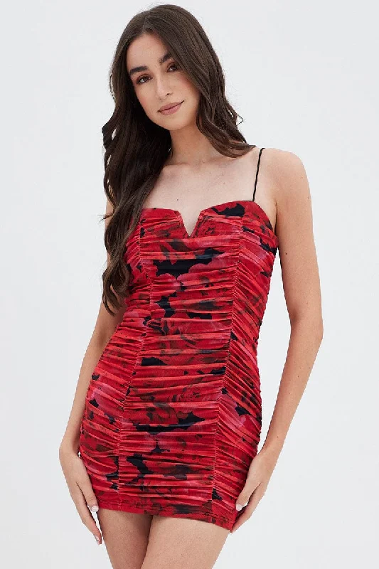 Red Abstract Ruched Mini Dress