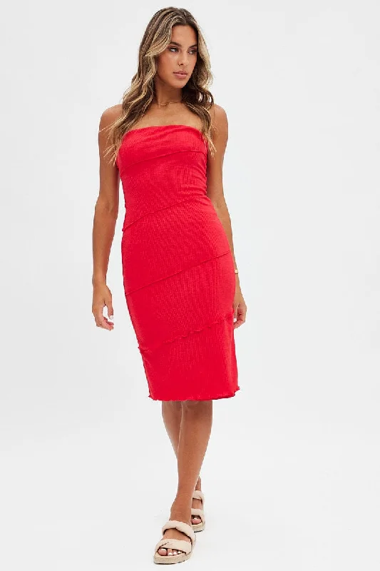 Red Boob Tube Dress Midi Bodycon Ribbed Bandeau