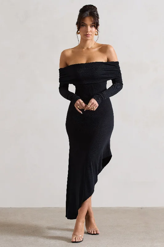 Romina | Black Rib Knit Bardot Maxi Dress With Asymmetric Hem