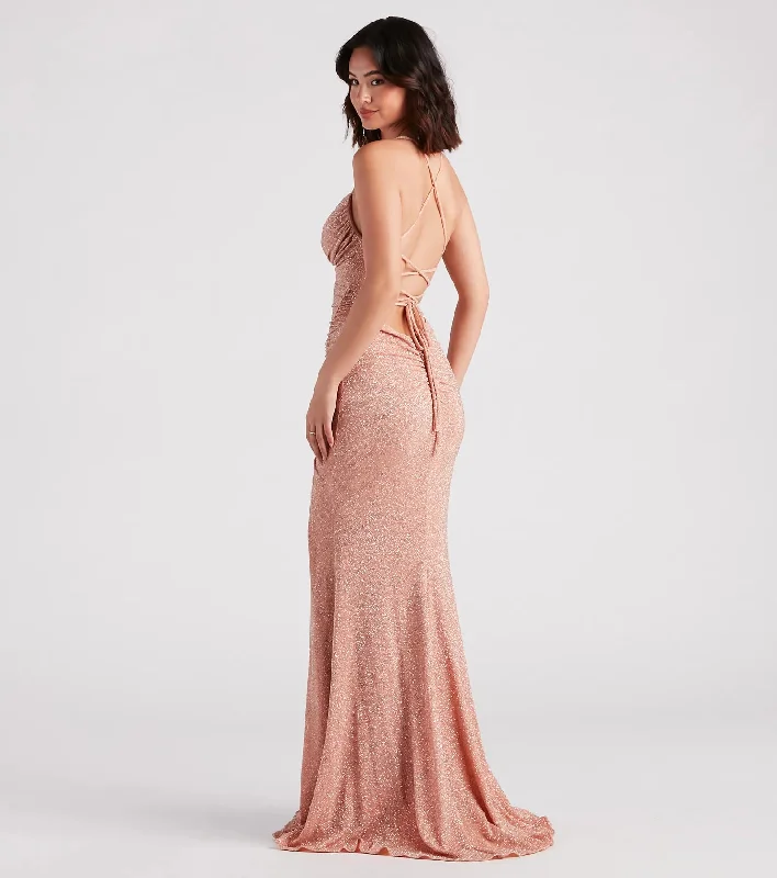 Rosalyn Ruched Glitter Knit High Slit Formal Dress