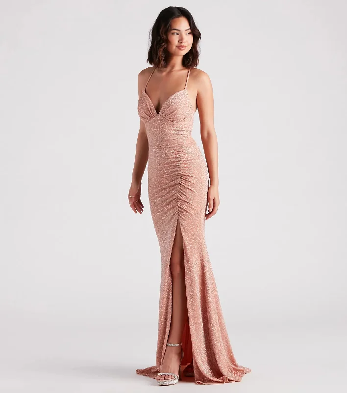 Rosalyn Ruched Glitter Knit High Slit Formal Dress