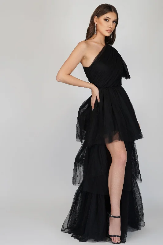 Rowena One Shoulder Tulle Gown in Black