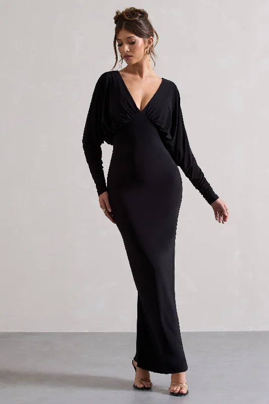 Ruth | Black Draped Plunge-Neck Maxi Dress