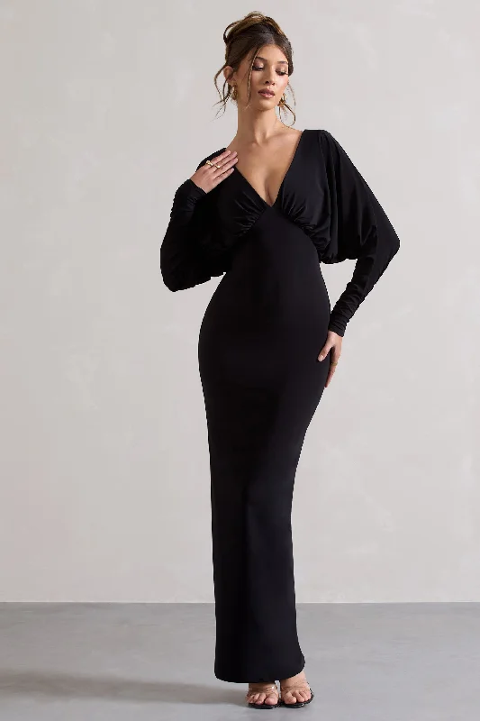 Ruth | Black Draped Plunge-Neck Maxi Dress