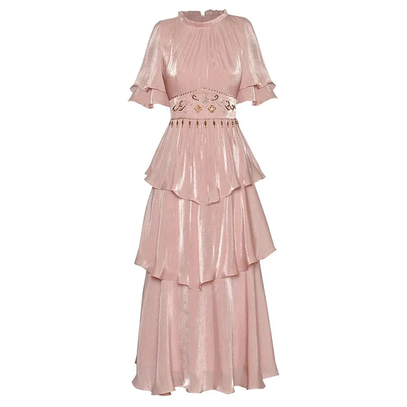 Safiya O-Neck Butterfly Sleeve Crystal Beading Ruffles Vintage Dress