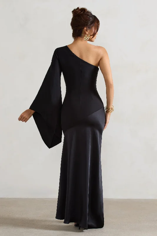 Salem | Black Asymmetric Cape-Sleeve Maxi Dress With Satin Skirt