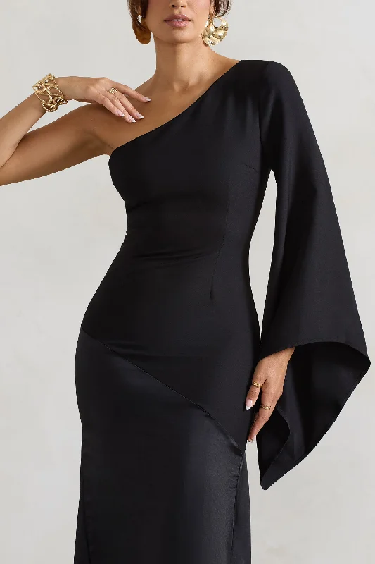 Salem | Black Asymmetric Cape-Sleeve Maxi Dress With Satin Skirt