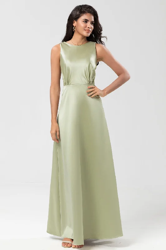 Satin Boat Neck Dusty Sage Bridesmaid Dress