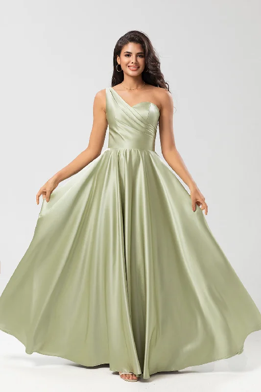 Satin One Shoulder Dusty Sage Bridesmaid Dress with Pockets