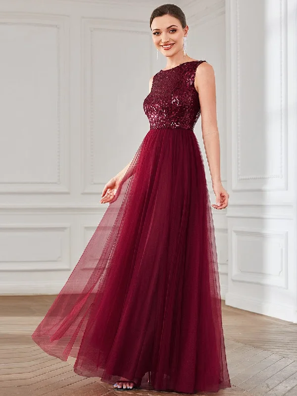 Sequin Sleeveless Lace-Up Tulle Evening Dress