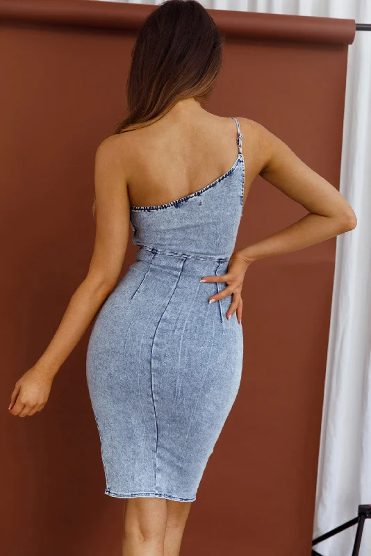 Sicily One-Shoulder Thigh Split Knee Length Dress Denim