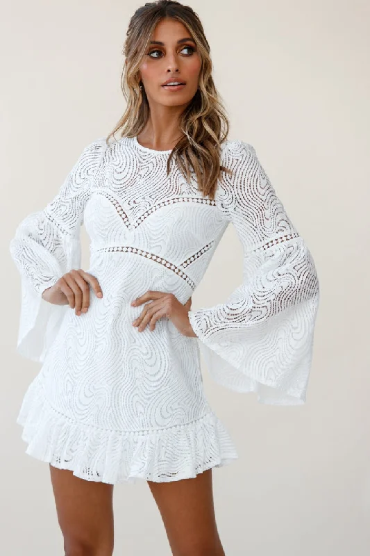 Sky High Long Bell Sleeve Crochet Embroidery Dress White