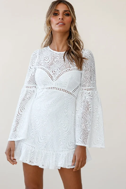 Sky High Long Bell Sleeve Crochet Embroidery Dress White