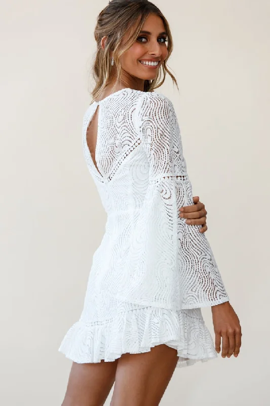 Sky High Long Bell Sleeve Crochet Embroidery Dress White