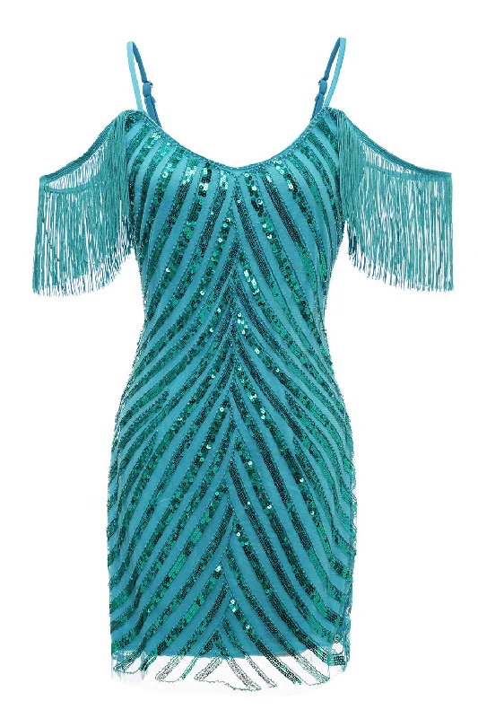 Sparkly Turquoise Tight Sequins Short Homecoming Dress with Fringes