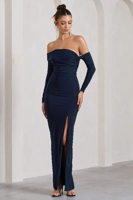 Stand Out | Navy Bardot Ruched Maxi With Sleeves And Side Split