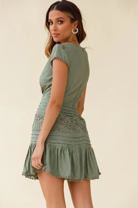 Storybook Cap Sleeve Pintuck Detail Dress Olive