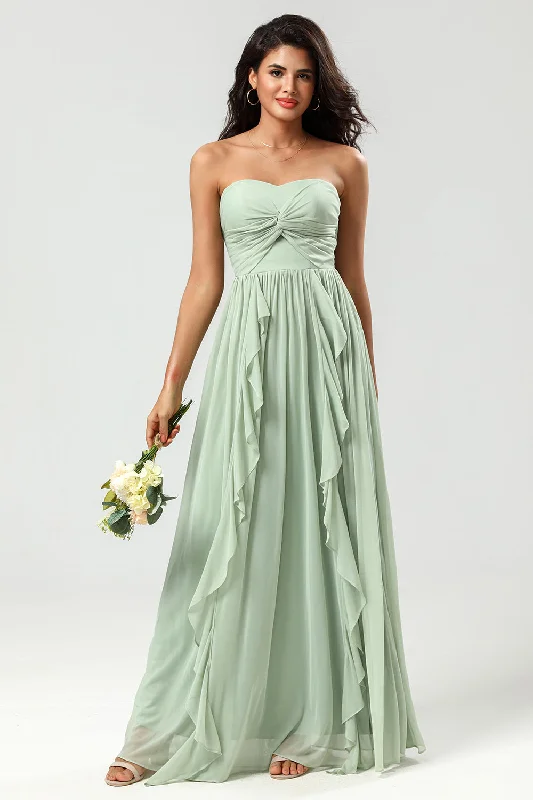 Strapless Sleeveless Dusty Sage Bridesmaid Dress with Ruffles