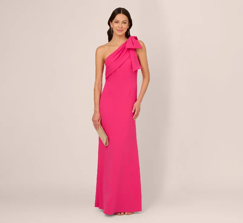 Stretch Crepe One Shoulder Mermaid Gown With Bow Accent In Hot Pink