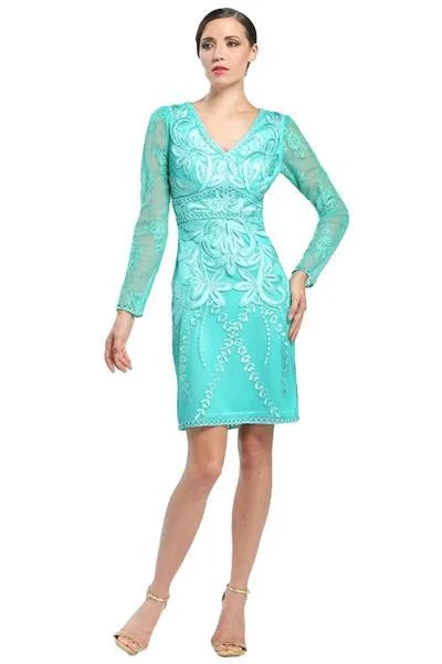 Sue Wong - Floral Embroidered Long Sleeve V-Neck Dress N4516