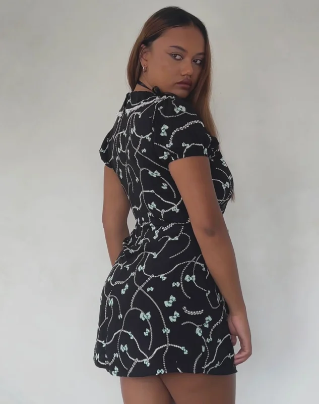 Sulani Mini Dress in Black with Pearl and Bow Print