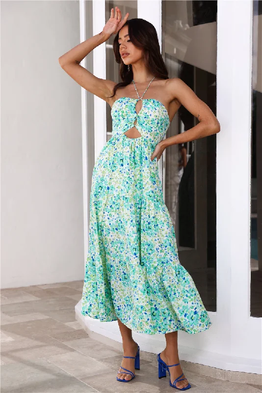 Surprise Garden Party Halter Neck Maxi Dress Green