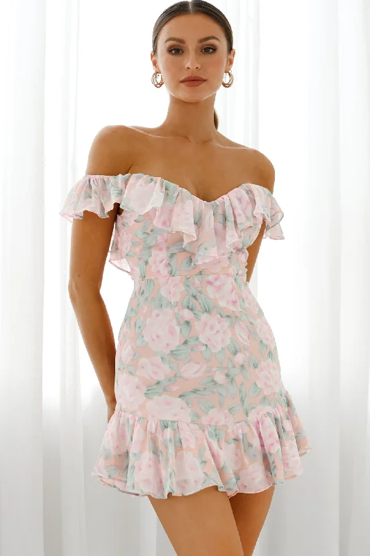 Sweet Melody Sweetheart Neckline Off-Shoulder Dress Floral Print Nude/Pink