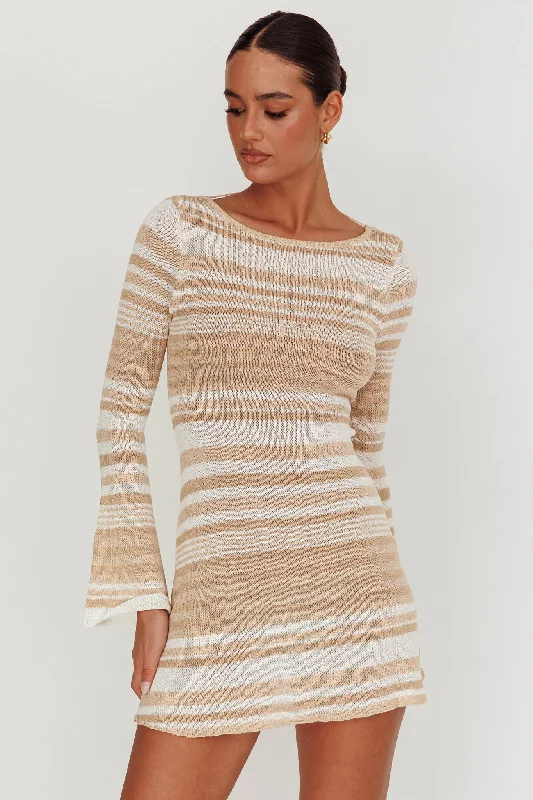 Sylvan Long Sleeve Knit Mini Dress Tan Multi