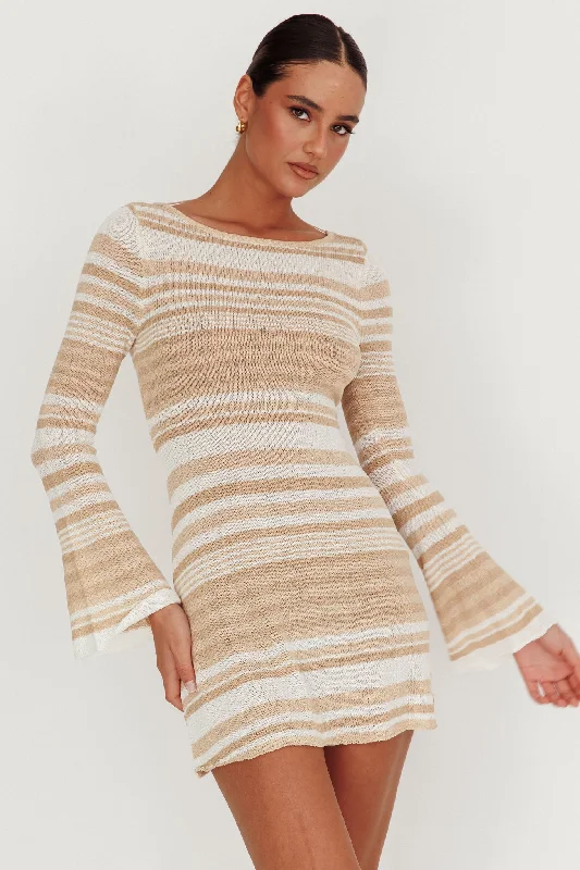 Sylvan Long Sleeve Knit Mini Dress Tan Multi